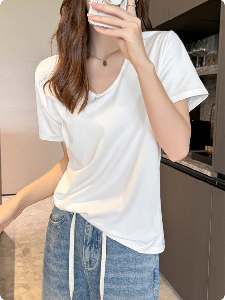 白色v领短袖正肩t恤女夏2025新款松弛感宽松韩版慵懒风高级感上衣