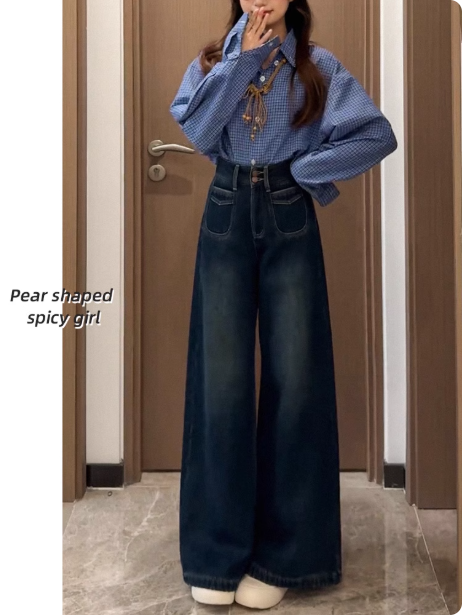 阔腿牛仔裤女大码胖mm显瘦梨形身材遮腿粗宽松拖地垂感高腰直筒裤