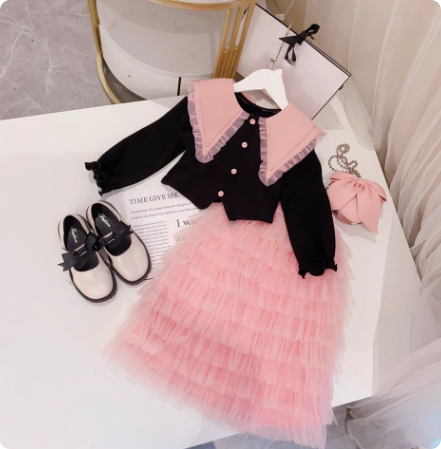 女童套装2025新款儿童网纱蛋糕连衣裙子女孩韩系两件套