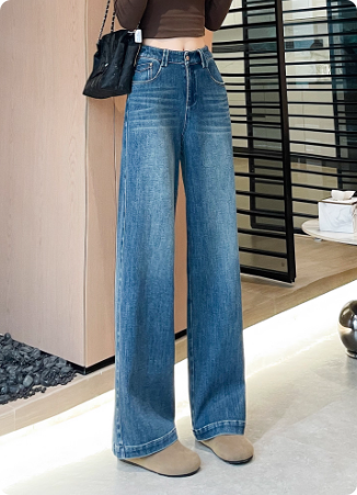 复古蓝色牛仔裤女秋季新款高腰显瘦弹力舒适窄版阔腿直筒裤子