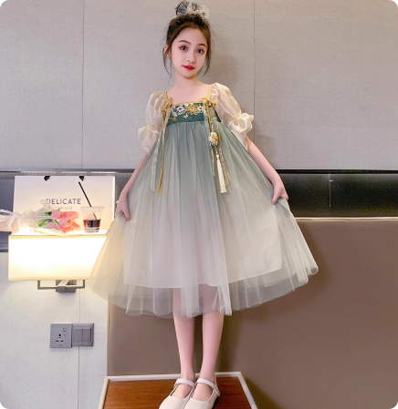女童夏装连衣裙2024夏季中国风公主裙洋气小女孩渐变纱汉服古风裙